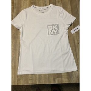 DKNY Jeans Women's Sz XS White Sparkling Sequins Logo Pocket Crew Neck T Shirt